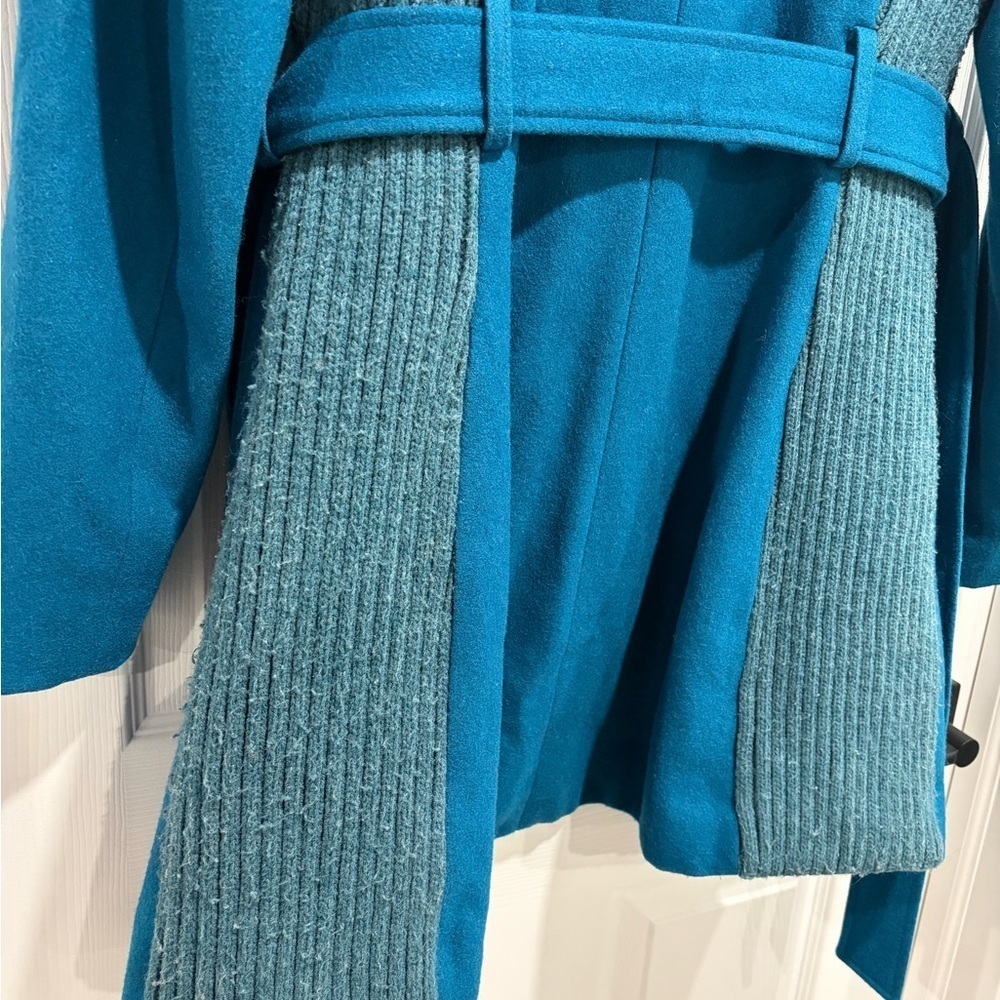 Anthropologie Elevenses Teal Coat Ribbed Collar Belt Wool Blend Boho - Picture 12 of 15